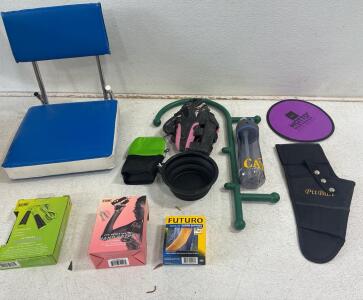 EDX jump rope and EDX 2pk resistance hand grips, Seattle Seahawks cushion stadium seating, collapsible pet bowl, water bottle, Theracane,Spaulding baseball gloves