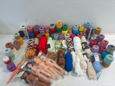 Large Crafting Supply Lot: various Colors of yarn, various colors of embroidery thread, fashion dolls for clothing display and more!