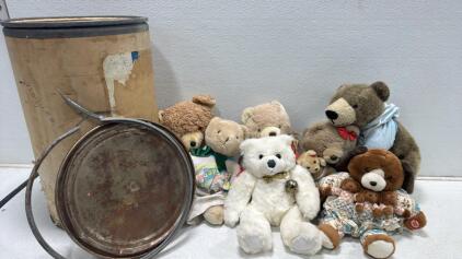 Large Lot of 7 Vintage Plush Teddy Bears with Accessories and Large Storage Drum Container