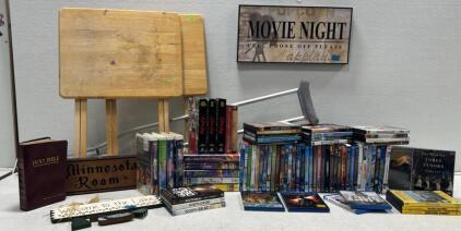 DVD, VHS & Decor Bundle: 30+ DVDs, 12 VHS, 2 Wood Tray Tables, Signs, Bible, Disney