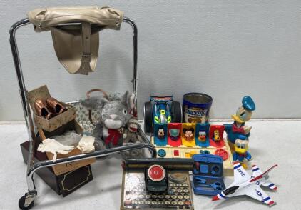 Vintage Disney Toys, Manual Typewriter, 1987 Snickers Tin, Plush Animals, Ballet Slippers
