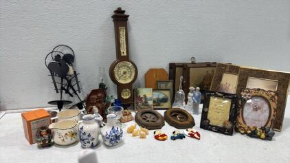 Vintage Collectibles Lot: Delft Vases, Wood Barometer, Frames, Figurines, 25+ Mixed Pieces