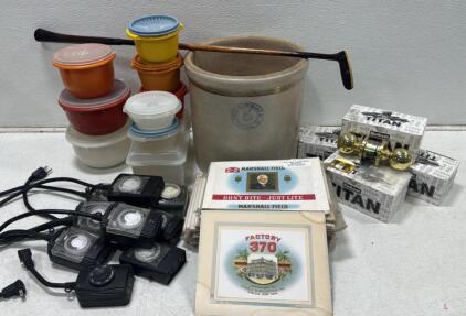 Mixed Lot: Tupperware, 5-Gallon Stoneware Crock, Golf Club, Timers, Kwikset Locks, Ephemera