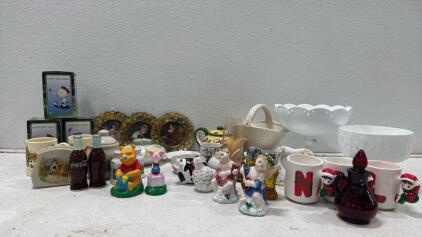Assorted Collectible Ceramics, Figurines, Mugs, and Glassware &ndash; Coca-Cola, Pooh, Holiday Items