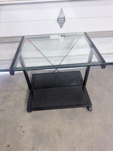 2-Tier Glass & Metal Utility Cart with Locking Casters, Black Frame, Tempered Glass Shelves
