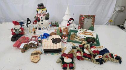 Large Mixed Lot Christmas Decorations with Cookie Jar, Ornaments, Vintage Linens & More