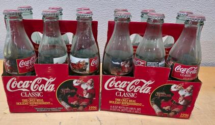 Coca-Cola Classic 6-Pack Glass Bottles, 1996 Holiday Edition, Santa Art, Empty w/ Caps & Carrier And Set of 8 Coca-Cola Embossed 16 oz Glasses Textured Light Green Classic Drinking Collection