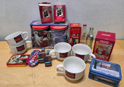 Coca-Cola Collectibles Lot&mdash;Mugs, Glass Bottles, Tins, Banks, Holiday Editions