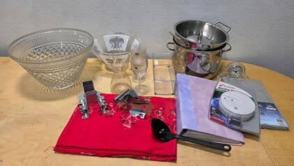 Large Kitchen & Home Goods Lot: Glass Bowls, Wine Glasses, Pots, Kidde Smoke Alarm, D&eacute;cor