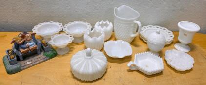 Vintage Milk Glass Lot: 13 Decorative Pieces (Hobnail, Lace, Ruffled) + Bunny Figurine