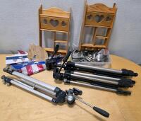 (3) Aluminum Tripod Camera Stands (3) Assorted Wooden Baby Gates (2) Wooden Wall Mount Shelves And More