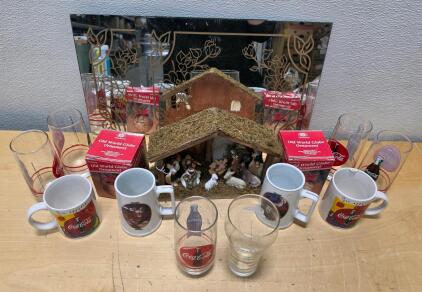 Coca-Cola Collectibles Lot: Glasses, Mugs, Ornaments, Nativity Set