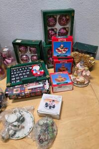 Christmas Collectible Lot: Hermitage Tea Sets, Glass Ornaments, Santa Plush, Figurines, Calendar