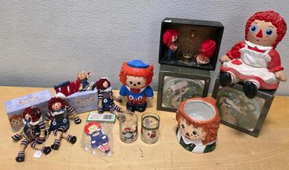 Assorted Raggedy Ann & Andy Collectible Lot &ndash; Figurines, Dolls, Glassware, Decor, Boxes