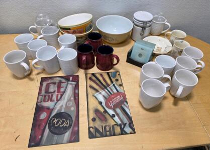 Large Kitchenware Lot - Mugs, Bowls, Canister, Glasses & Retro Decor Signs