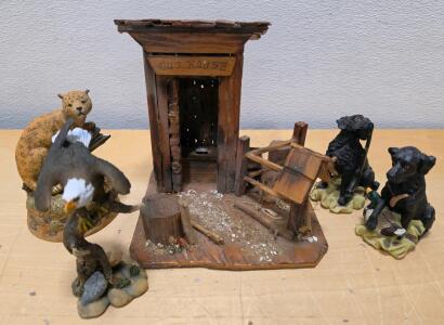 Decorative Animal Figurine Set with Rustic Outhouse Diorama
