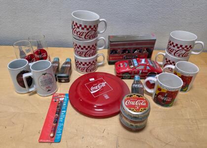 Assorted Coca-Cola Collectibles Lot, Vintage Mugs, Glasses, Tins, NASCAR Car, Pen, Frisbee