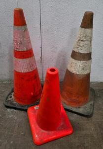 Set of 3 Traffic Safety Cones &ndash; Two 28" with Reflective Bands, One 18" &ndash; Used Condition
