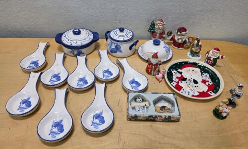 Blue & White Kitchenware Set with Casserole, Spoon Rests & Holiday Christmas Figurines