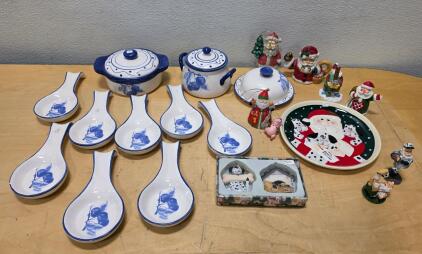 Blue & White Kitchenware Set with Casserole, Spoon Rests & Holiday Christmas Figurines