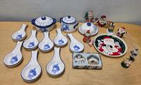 Blue & White Kitchenware Set with Casserole, Spoon Rests & Holiday Christmas Figurines