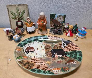 Farmhouse & Holiday Ceramic Figurines Lot &ndash; Hand Painted Plate, Vintage Decor, Clock