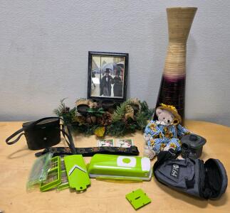 Household Decor & Collectibles Lot &ndash; Vase, Instant Camera, Framed Art, Slicer, Teddy Bear