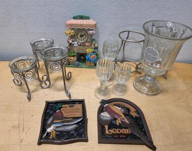 Mix Lot Vintage Glassware, Wildlife Plaques, Iron Candle Holders, Decorative Clock, Vase