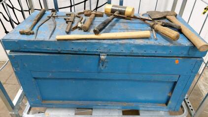 Vintage Wooden Tool Chest with Mixed Hand Tools, Blue Paint