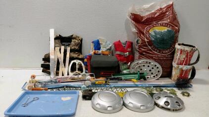 Garden, Automotive, and Painting Mixed Lot &ndash; Ford Hubcaps, Carhartt Life Jacket, Mulch, Tools