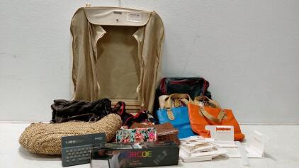 Assorted Designer & Utility Bag Lot: Treesje Leather Bag, Samsonite Garment Bag, Mouse Pad, More