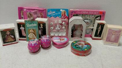 Barbie Collector's Lot: Keepsake Ornaments, 13-Piece China Tea Set, Surprise Eggs, Candy Tins