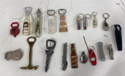 Lot of 19 Vintage Novelty Bottle Openers &ndash; Keychains, Breweriana, Tourist Souvenir, Schlitz, Bacardi