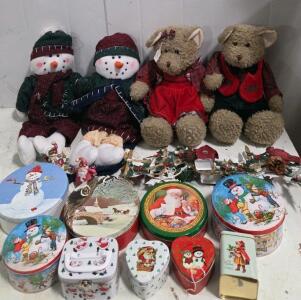 Large Lot Christmas Decorations - Plush Bears & Snowmen, Holiday Tins, Garland, Ornaments