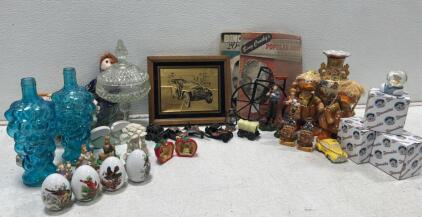 Assorted Collectible Figurines, Blue Glassware,and the most Regal looking Crystal Candy Dish that will make your guests jealous! &ldquo;Drele&rsquo;s&rdquo; Boxes, Decor Lot &ndash; 25+ Piece