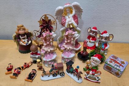 Assorted Christmas Figurines Lot &ndash; Angels, Elves, Mice, Carriages, Mixed Holiday Decor