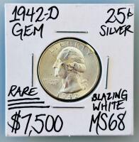 1942-D Washington Quarter, MS68, 90% Silver, Denver Mint, High Grade, Blazing White