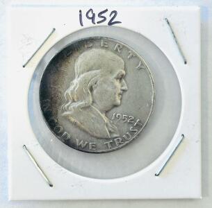 1952 S Franklin Half Dollar, 90% Silver, San Francisco Mint, Damage/Residue On Reverse