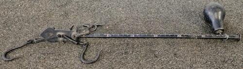 Antique 36" Steelyard Scale, 35 lb Capacity, Dual Iron Hooks, Black Counterweight, Early 1900s