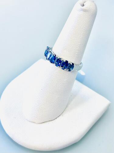 Silver Band Ring With 1.48Ct Oval Blue Gemstones, 7-Stone Design, Size Not Marked, ID K14E2 Size 6.5