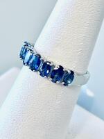 Silver Band Ring With 1.48Ct Oval Blue Gemstones, 7-Stone Design, Size Not Marked, ID K14E2 Size 6.5 - 2