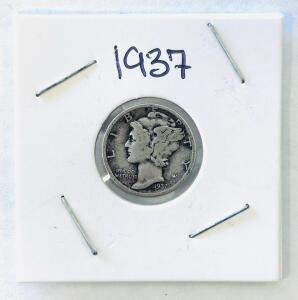 1937-D Mercury Dime, 90% Silver, Denver Mint, Circulated Condition