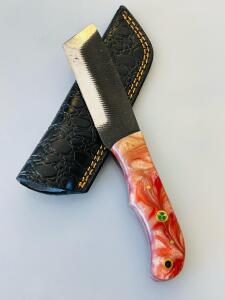 Custom Kiridashi-Style Fixed Blade Knife, Hand-Forged Carbon Steel, Red Swirl Resin Handle, Sheath