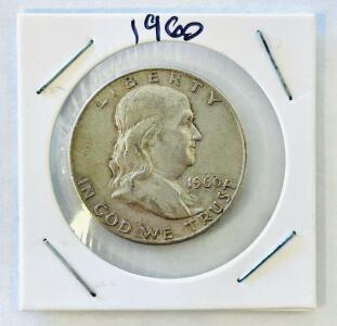 1960-D Franklin Half Dollar, 90% Silver, Denver Mint, Circulated, Liberty Bell Reverse