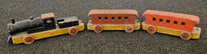 Vintage Hand Made Wooden Toy Train Set, 3-Piece, Hand-Painted Locomotive & Passenger Cars