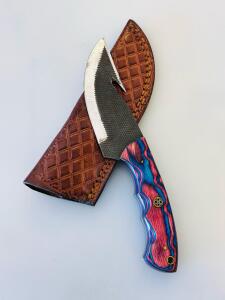 Custom Fixed Blade Gut Hook Hunting Knife, Mosaic Pin, Resin Wood Handle, Leather Sheath