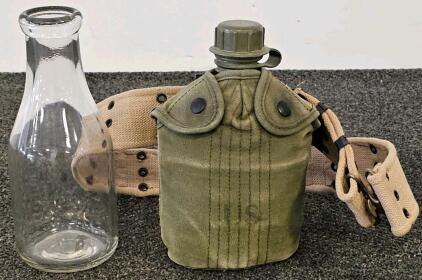 US Military Canteen Set with Canvas Cover, Web Belt, 1 Quart Capacity, WWII-Korea Era, Clear Glass Milk Bottle, One Quart, Embossed "ONE QUART", Vintage Style
