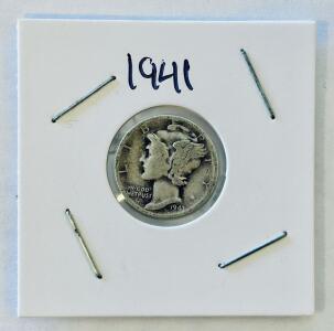 1941-S Mercury Dime, 90% Silver, San Francisco Mint, Circulated, 17.91MM, 2.50G