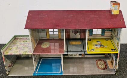 Vintage Marx Disney Tin Litho Dollhouse, 2-Story, Metal, 1950s, 24&rdquo; Large, Attached Garage