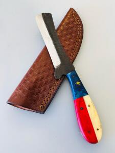Custom Fixed-Blade Cleaver Knife With Texas Flag Resin Handle And Leather Sheath